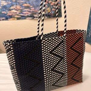 Woven Pattern Tote Bag - Black, White, Navy & Orange